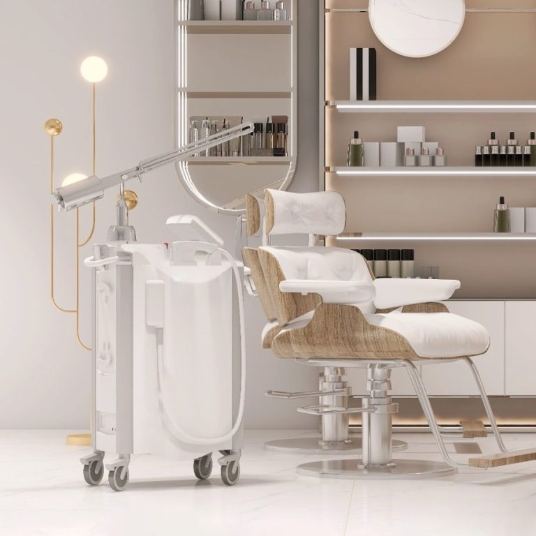 Kosmetikstudio Moderne Schönheitseinrichtung mit Stuhl, Kosmetikgeräten und elegantem Dekor.